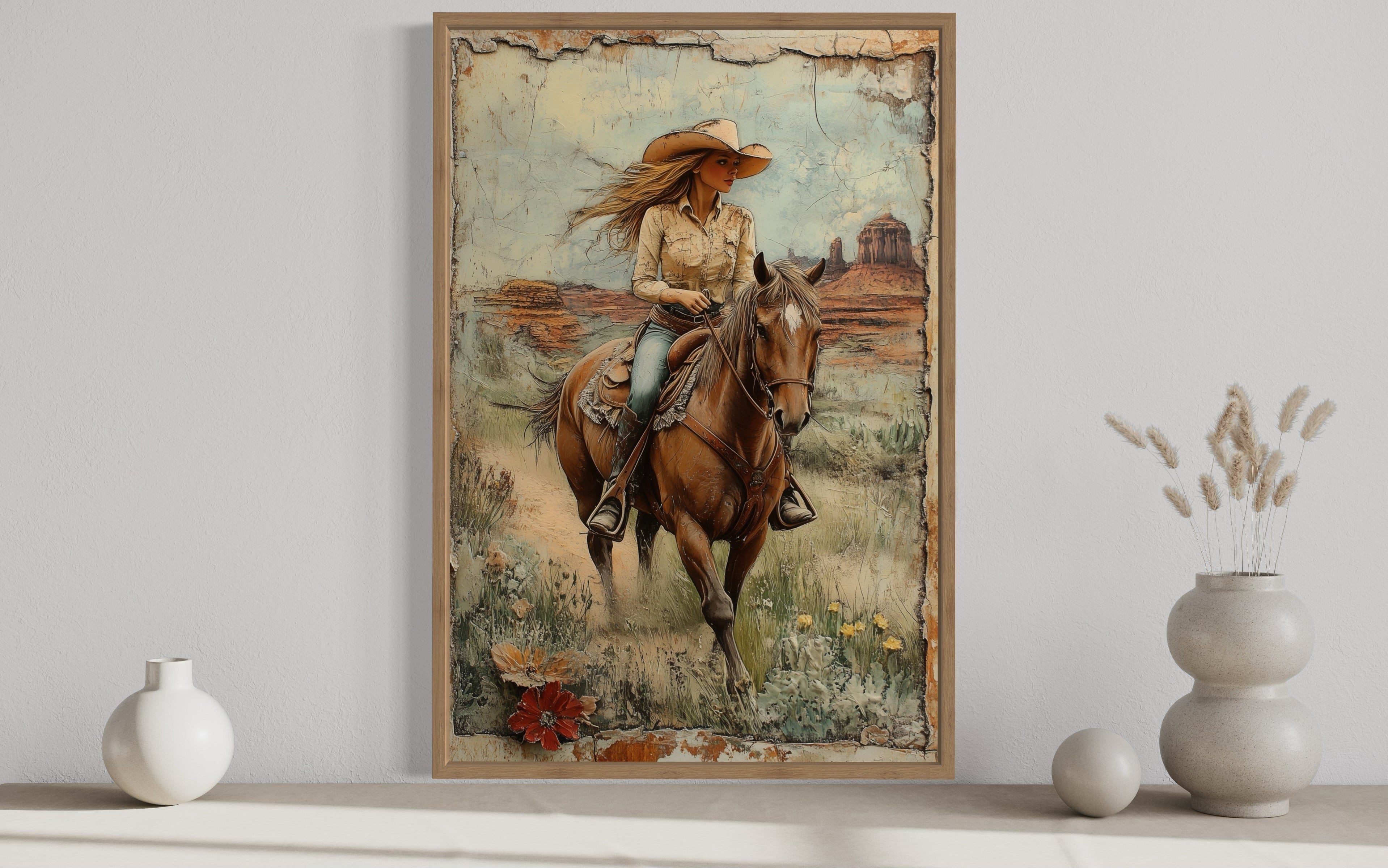 Cowgirl Riding A Horse In The Desert Framed Canvas Wall Art