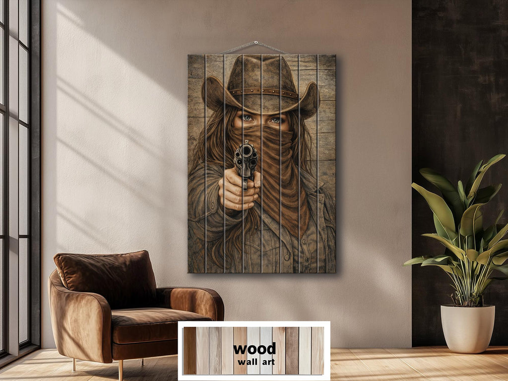 Cowgirl With A Gun Wood Wall Art - Distressed Western Outlaw Woman Print on Rustic Wood Panel