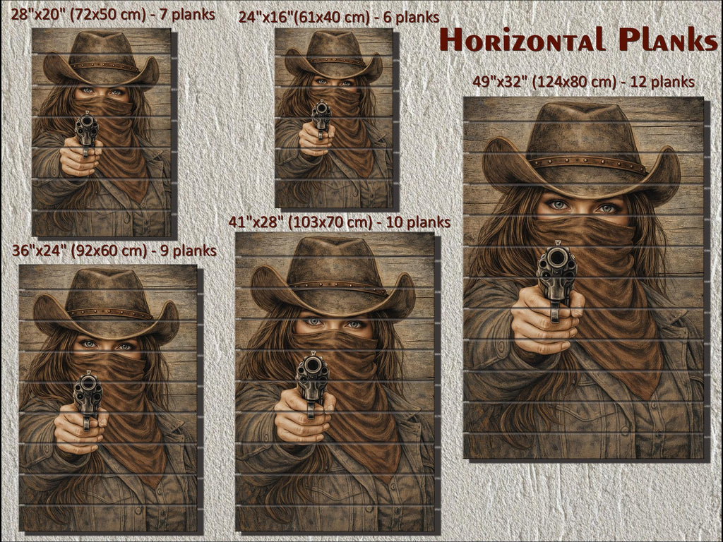 Cowgirl With A Gun Wood Wall Art - Distressed Western Outlaw Woman Print on Rustic Wood Panel