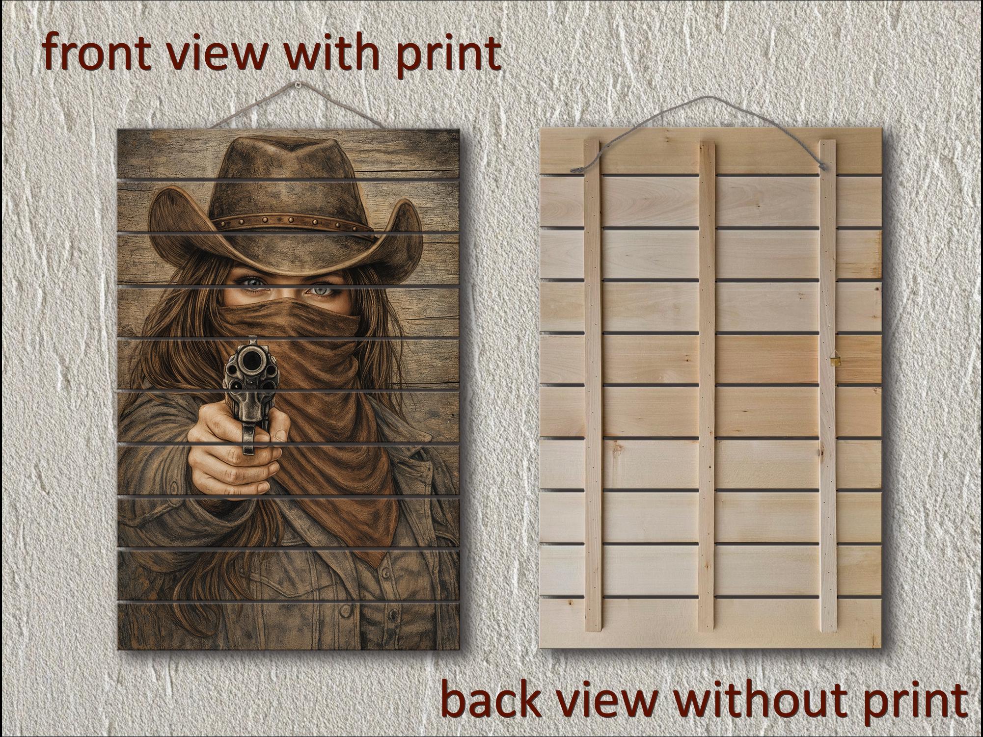 Cowgirl With A Gun Wood Wall Art - Distressed Western Outlaw Woman Print on Rustic Wood Panel