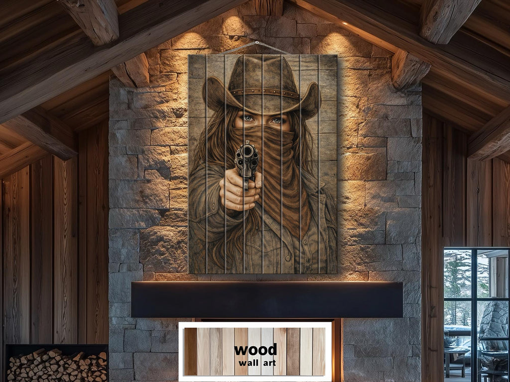 Cowgirl With A Gun Wood Wall Art - Distressed Western Outlaw Woman Print on Rustic Wood Panel
