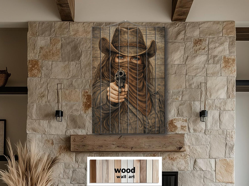 Cowgirl With A Gun Wood Wall Art - Distressed Western Outlaw Woman Print on Rustic Wood Panel