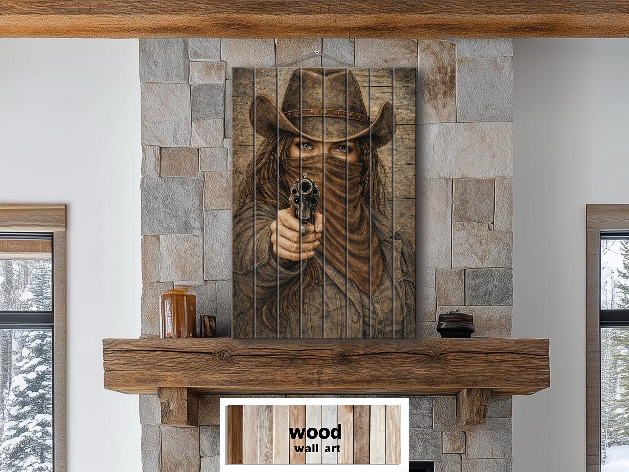 Cowgirl With A Gun Wood Wall Art - Distressed Western Outlaw Woman Print on Rustic Wood Panel