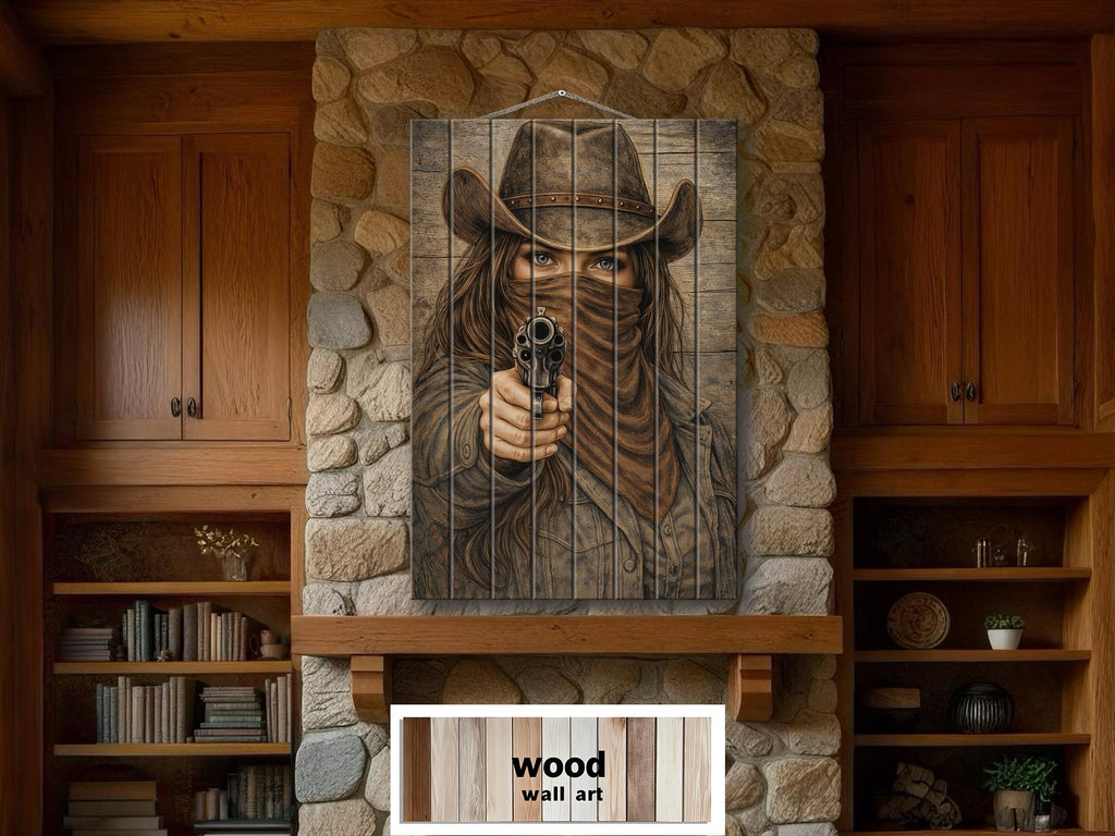 Cowgirl With A Gun Wood Wall Art - Distressed Western Outlaw Woman Print on Rustic Wood Panel