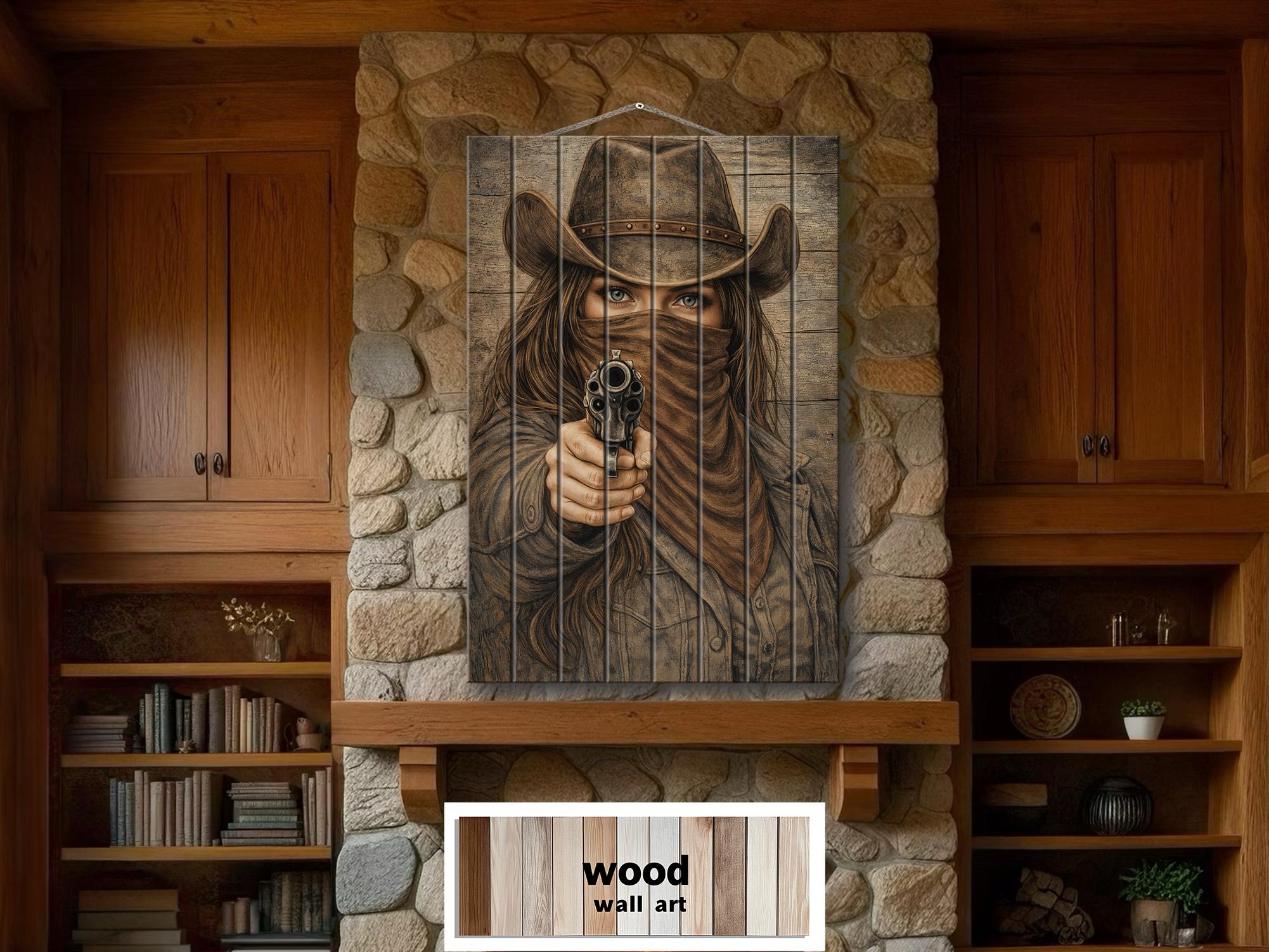 Cowgirl With A Gun Wood Wall Art - Distressed Western Outlaw Woman Print on Rustic Wood Panel