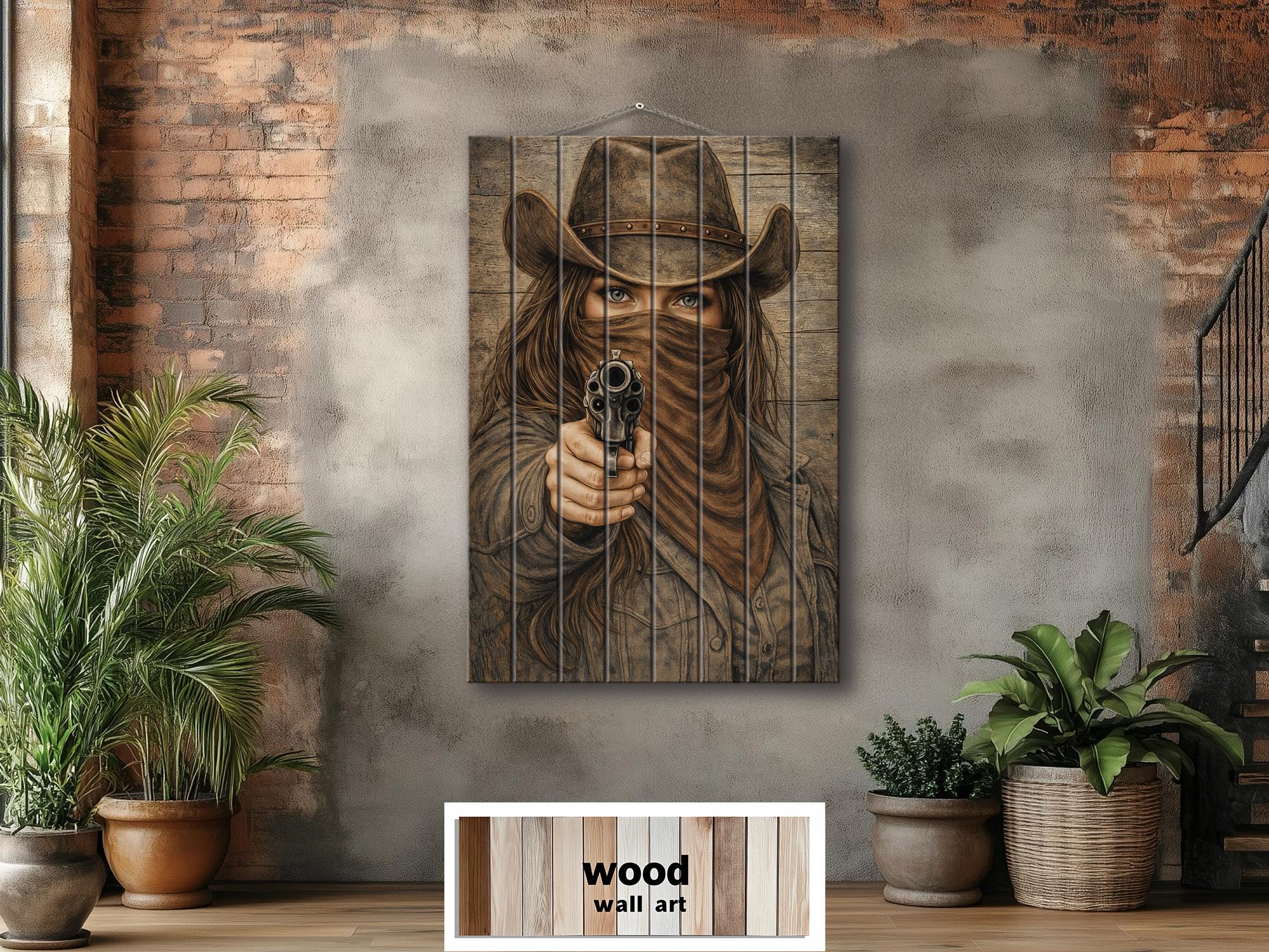 Cowgirl With A Gun Wood Wall Art - Distressed Western Outlaw Woman Print on Rustic Wood Panel