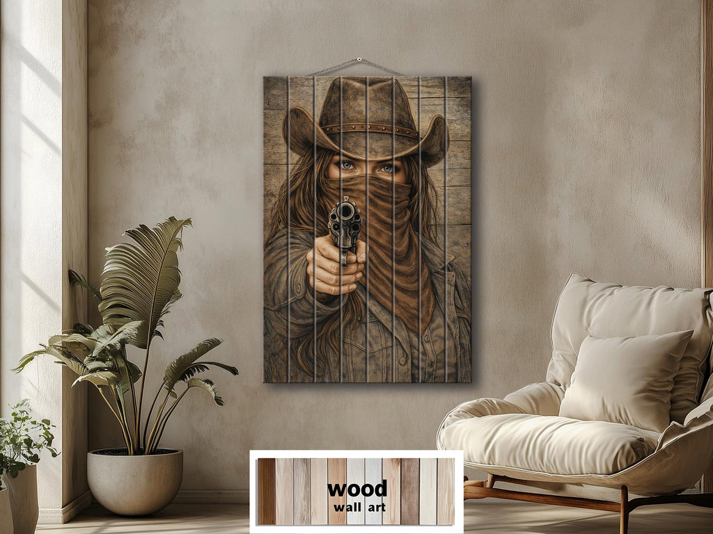 Cowgirl With A Gun Wood Wall Art - Distressed Western Outlaw Woman Print on Rustic Wood Panel