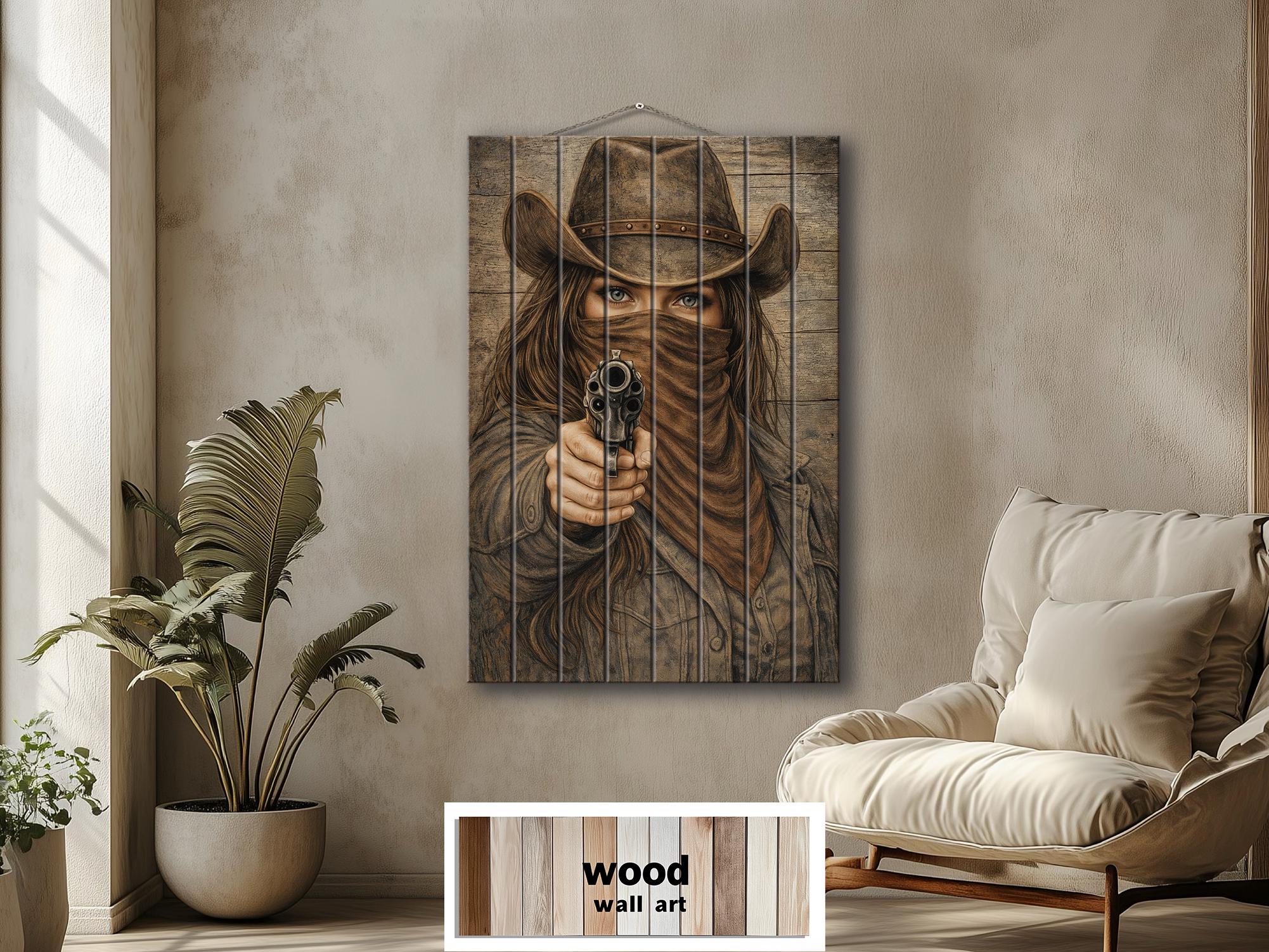 Cowgirl With A Gun Wood Wall Art - Distressed Western Outlaw Woman Print on Rustic Wood Panel