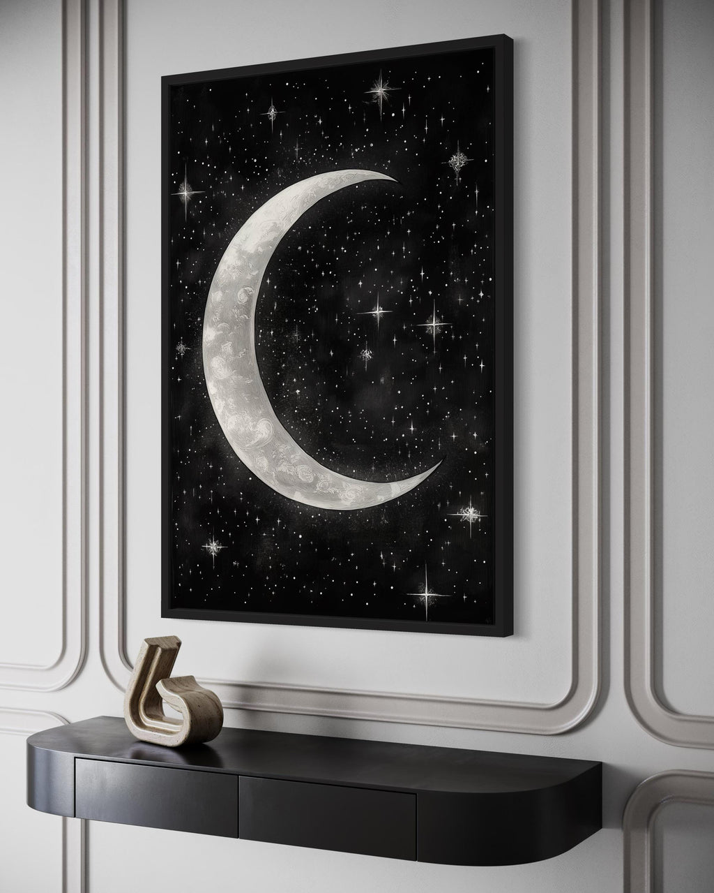 Crescent Moon and Stars Framed Canvas Wall Art