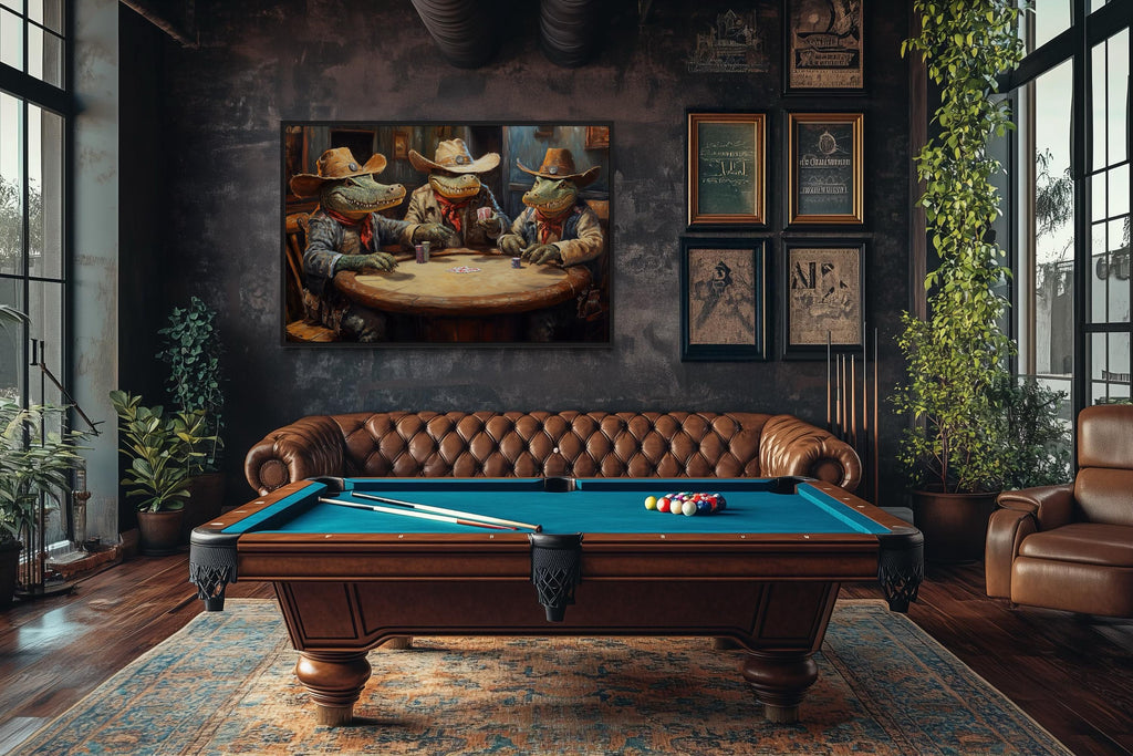 Crocodiles Playing Poker Game Room Or Man Cave Framed Canvas Wall Art