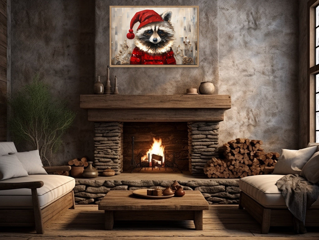 Cute Christmas Raccoon in Santa Hat Framed Canvas Wall Art