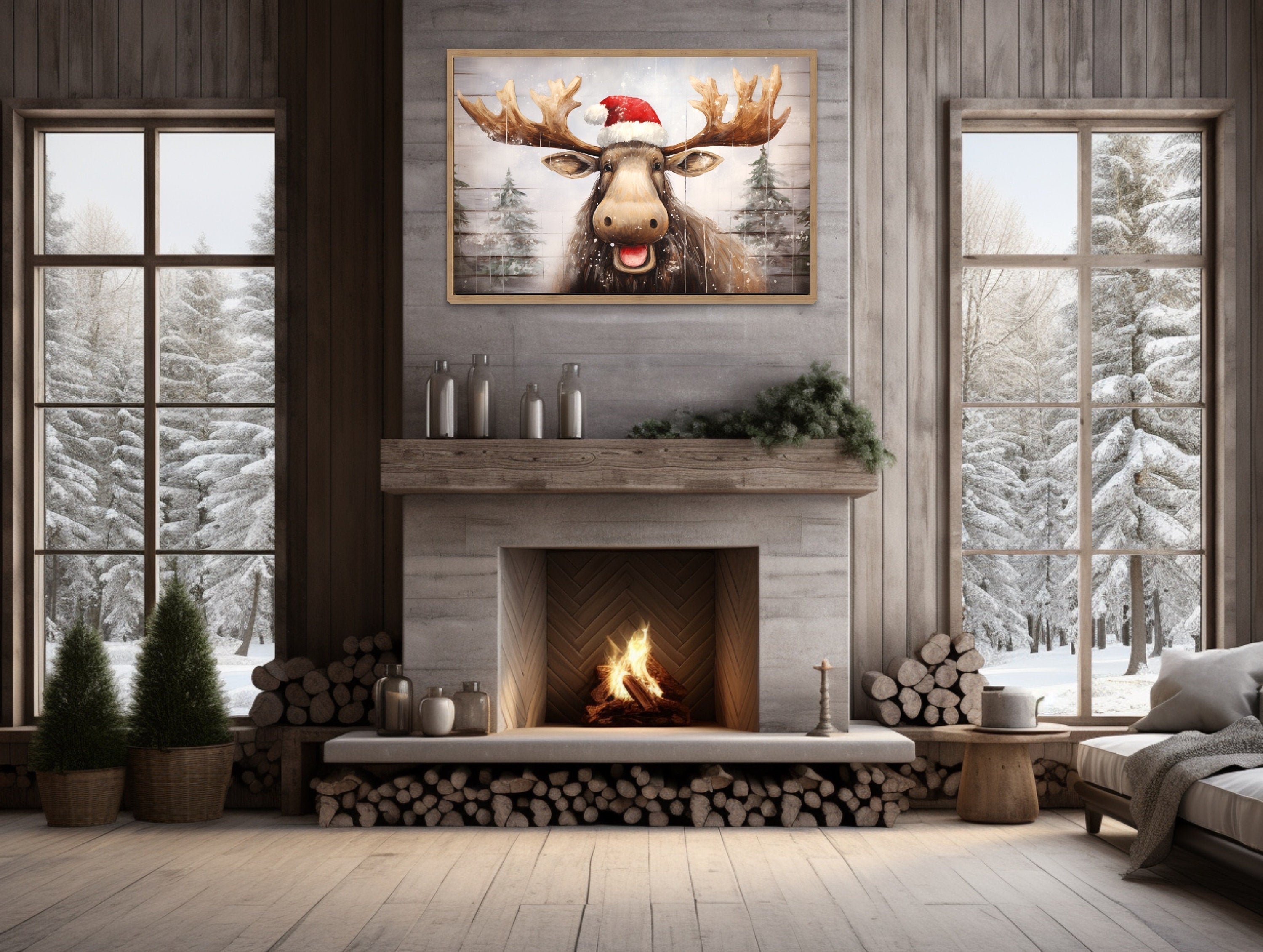Cute Moose in Santa Hat Rustic Painting On Wood Christmas Framed Canvas Wall Art