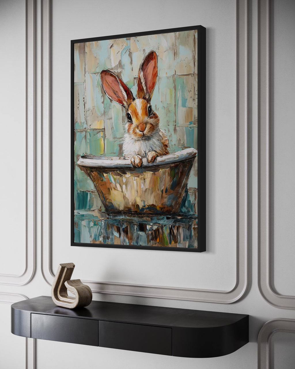 Cute Rabbit In The Bathtub Framed Canvas Wall Art