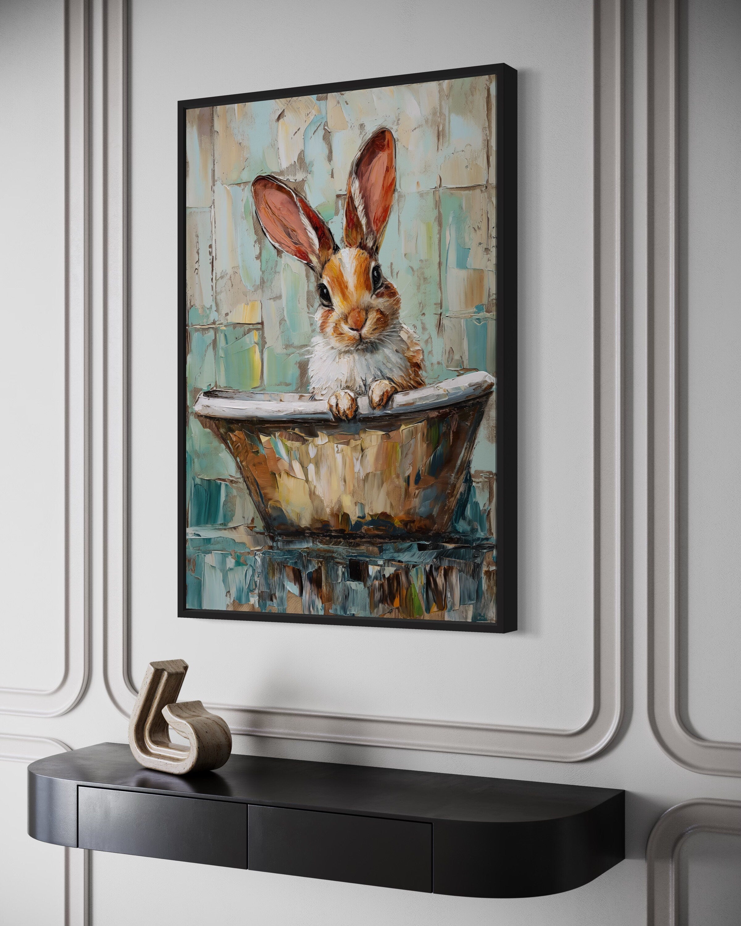 Cute Rabbit In The Bathtub Framed Canvas Wall Art
