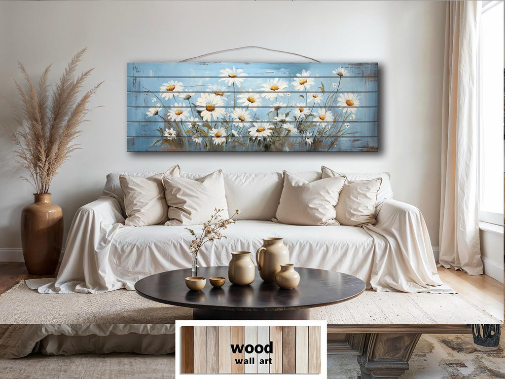 Daisy Flowers On Blue Long Narrow Distressed Wood Wall Art