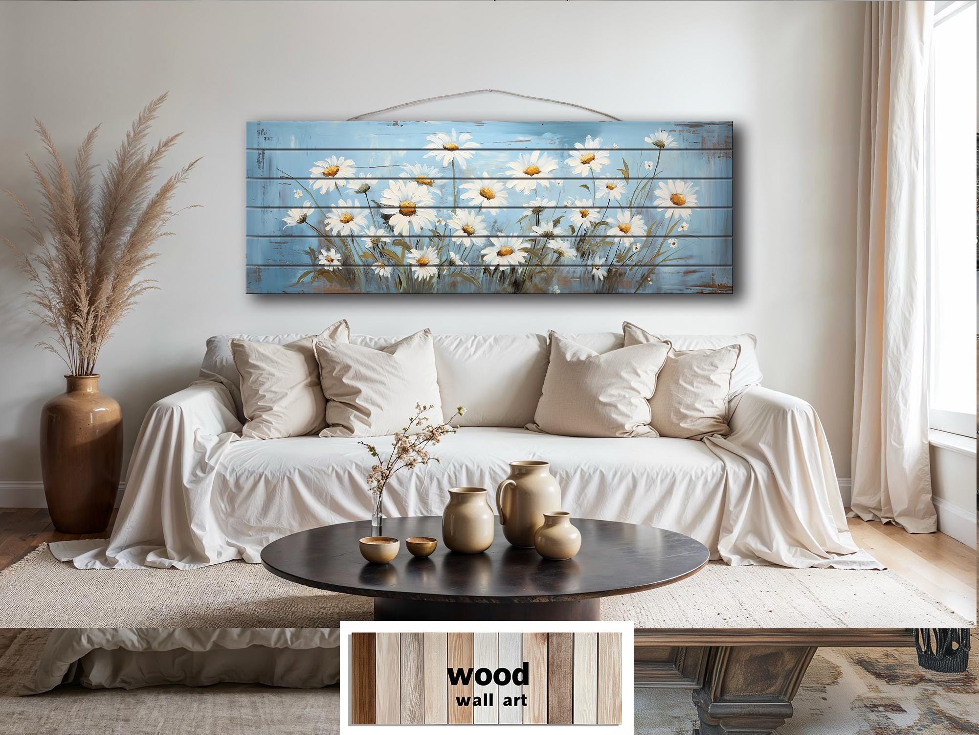 Daisy Flowers On Blue Long Narrow Distressed Wood Wall Art