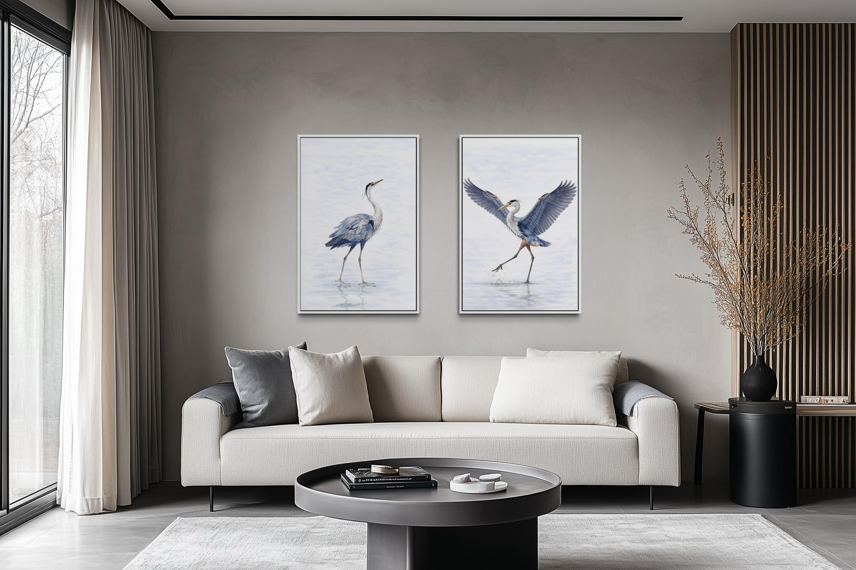 Dancing Herons Wall Art – Set of Two Watercolor Heron Bird Artwork Canvas Prints