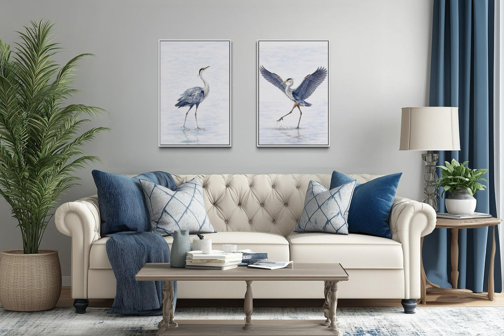 Dancing Herons Wall Art – Set of Two Watercolor Heron Bird Artwork Canvas Prints