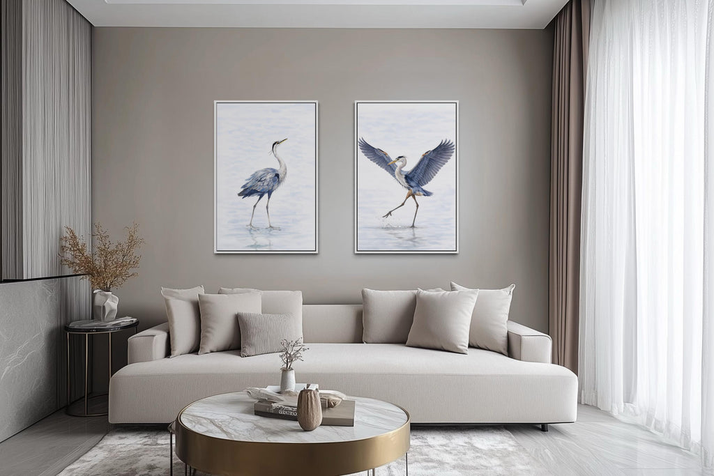 Dancing Herons Wall Art – Set of Two Watercolor Heron Bird Artwork Canvas Prints