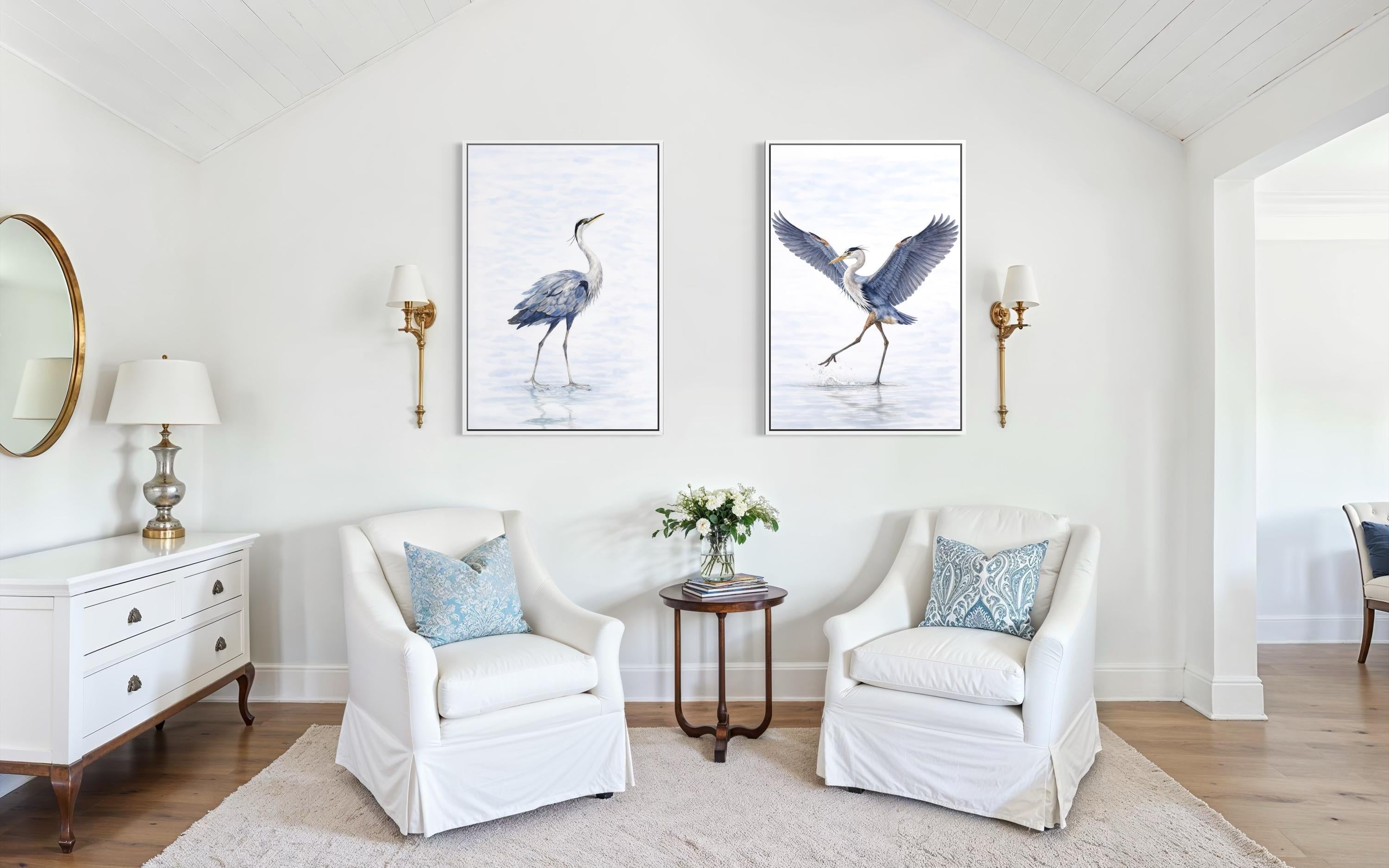 Dancing Herons Wall Art – Set of Two Watercolor Heron Bird Artwork Canvas Prints