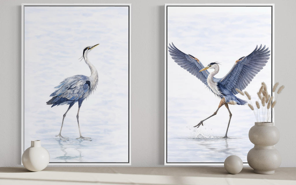 Dancing Herons Wall Art – Set of Two Watercolor Heron Bird Artwork Canvas Prints