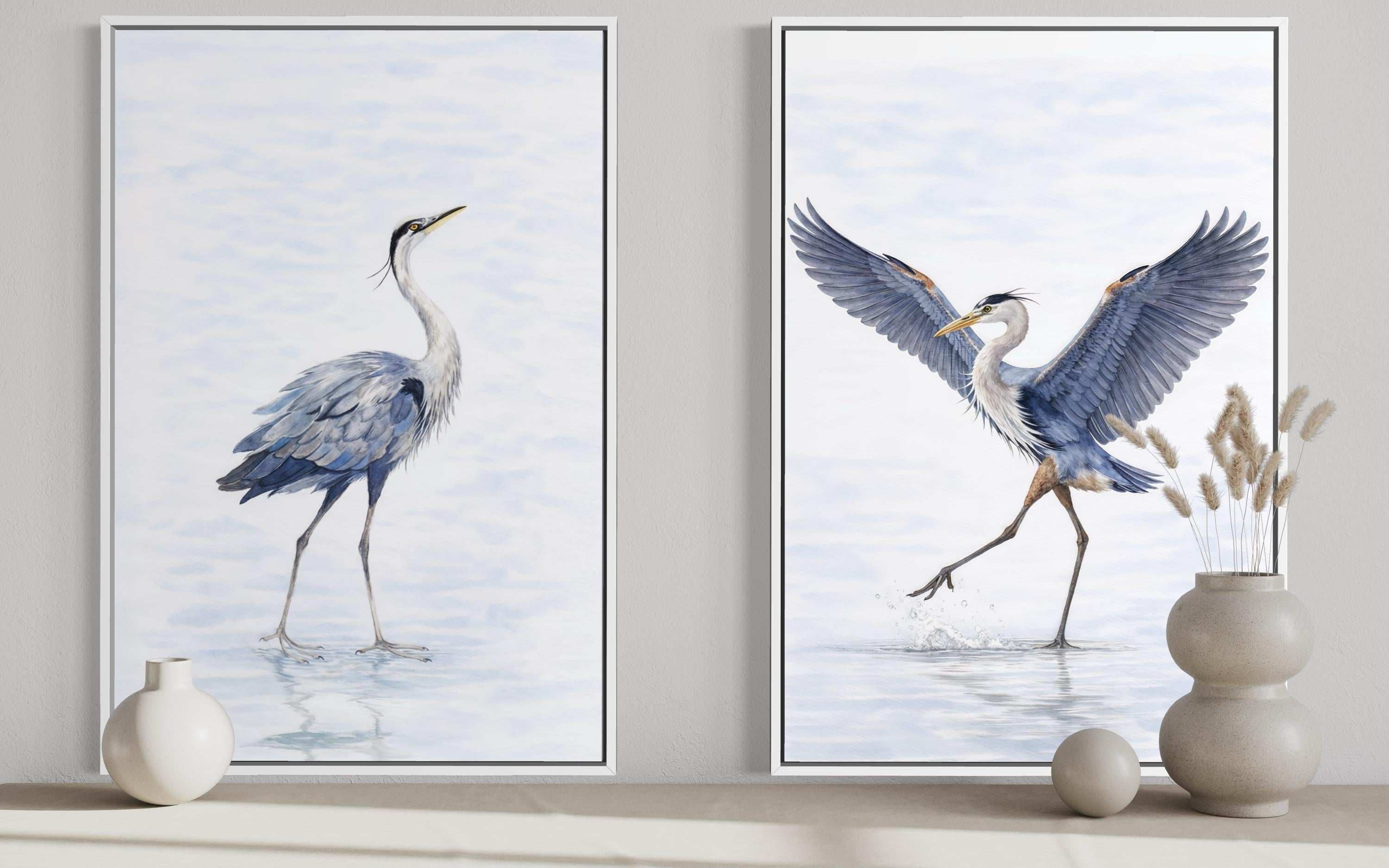 Dancing Herons Wall Art – Set of Two Watercolor Heron Bird Artwork Canvas Prints