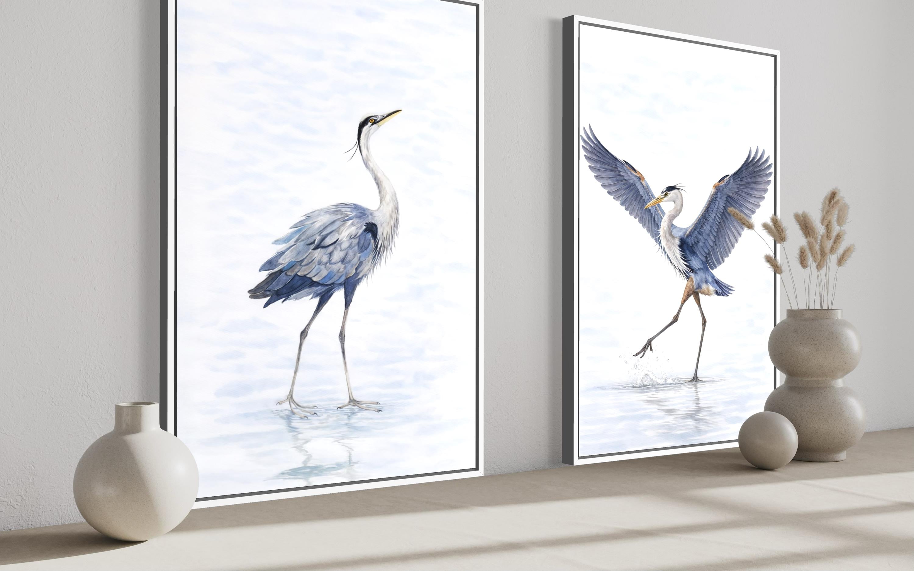 Dancing Herons Wall Art – Set of Two Watercolor Heron Bird Artwork Canvas Prints