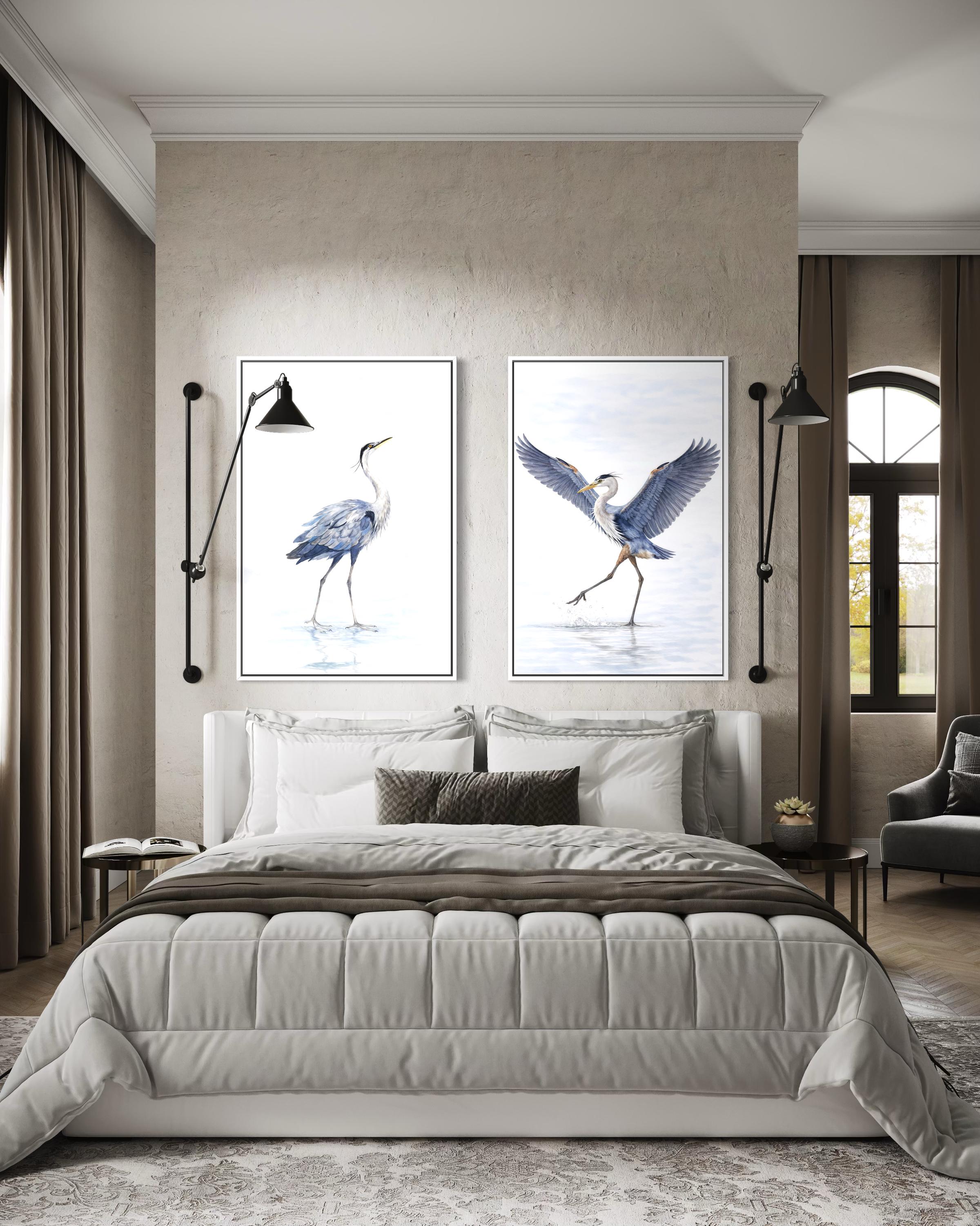 Dancing Herons Wall Art – Set of Two Watercolor Heron Bird Artwork Canvas Prints