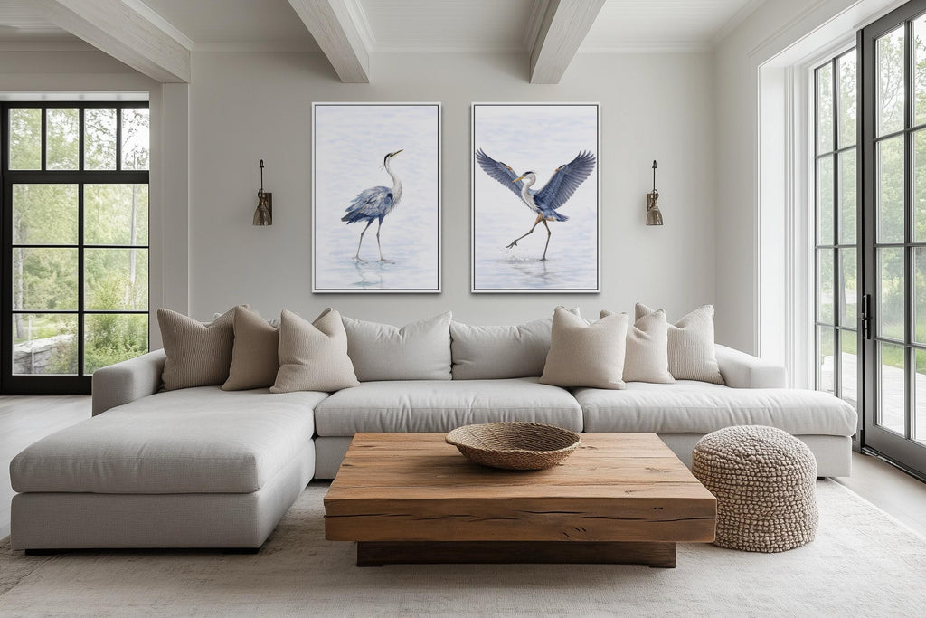Dancing Herons Wall Art – Set of Two Watercolor Heron Bird Artwork Canvas Prints