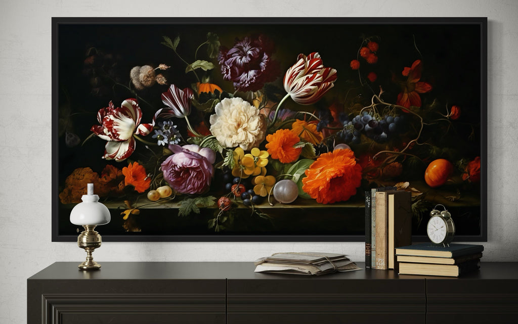 Dark Academia Wall Art – Antique Floral Print Framed Gothic Canvas Decor