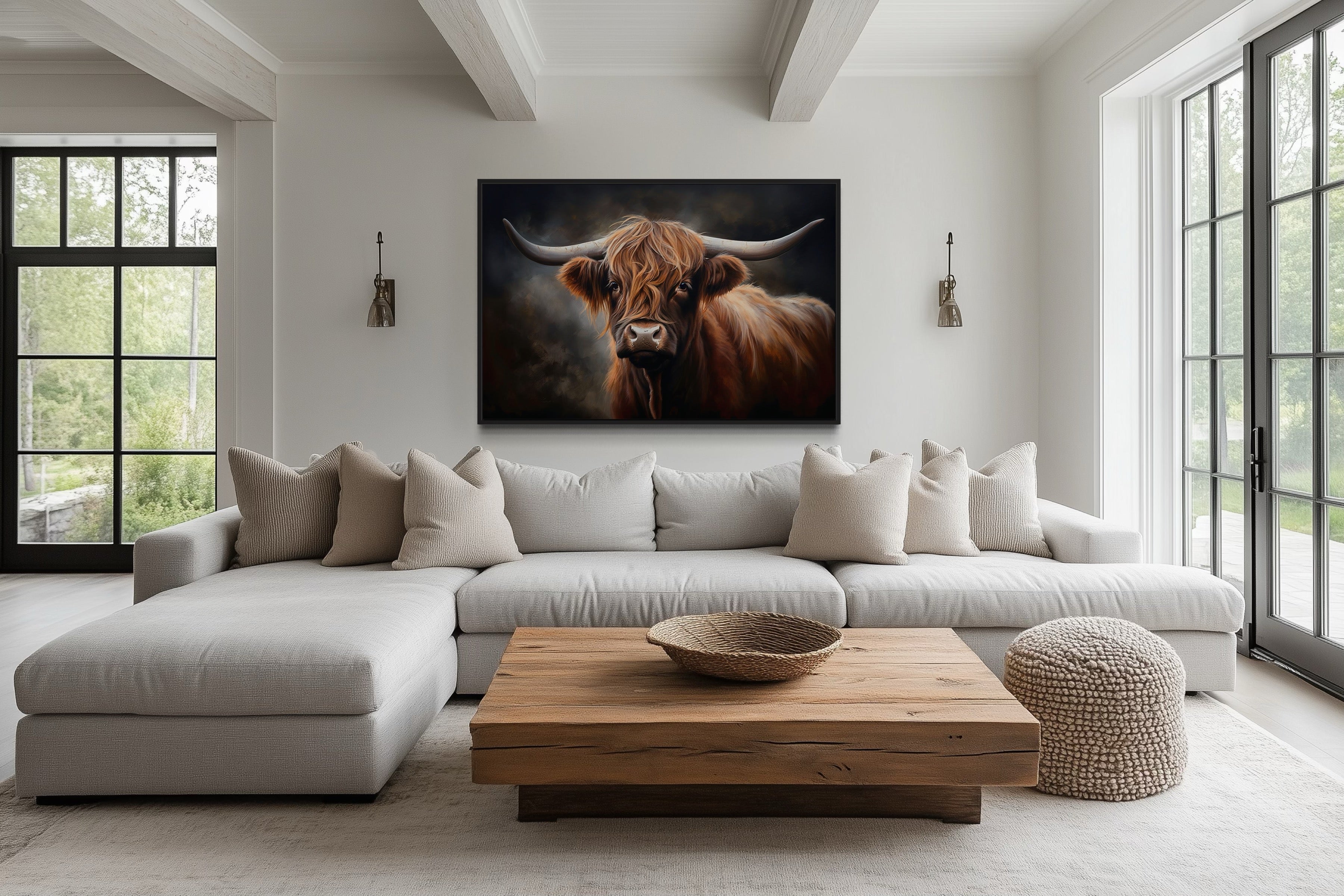 Dark Beautiful Highland Cow Framed Canvas Wall Art