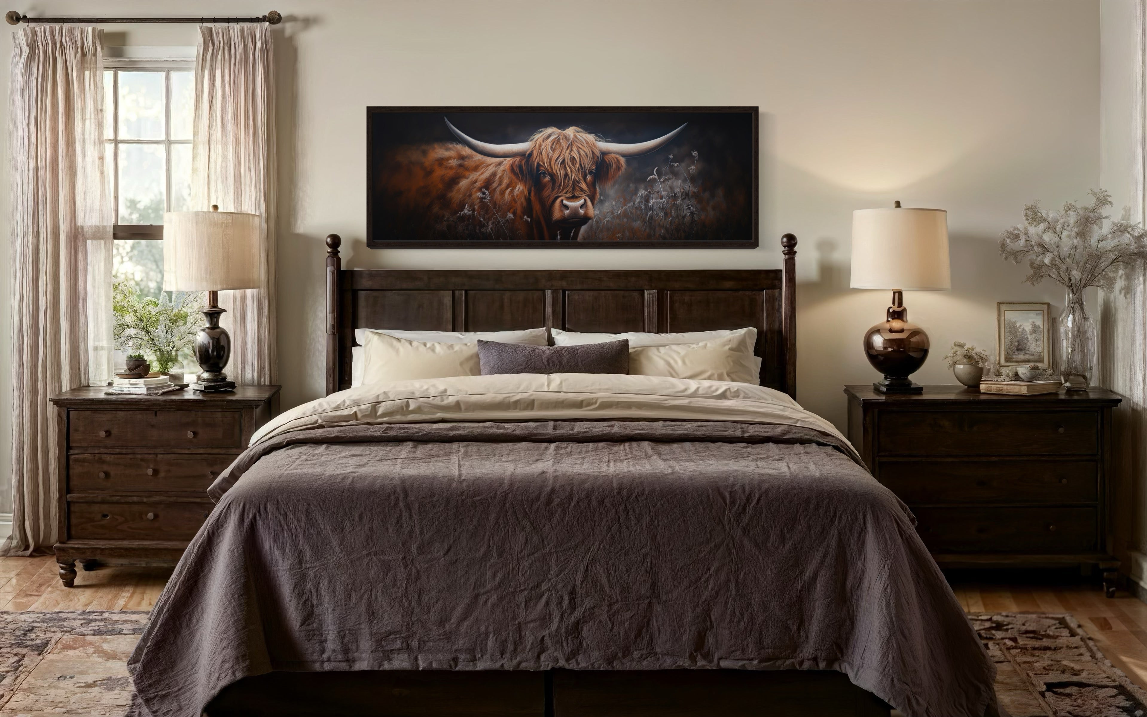Dark Highland Cow In Grass Long Horizontal Canvas Wall Art