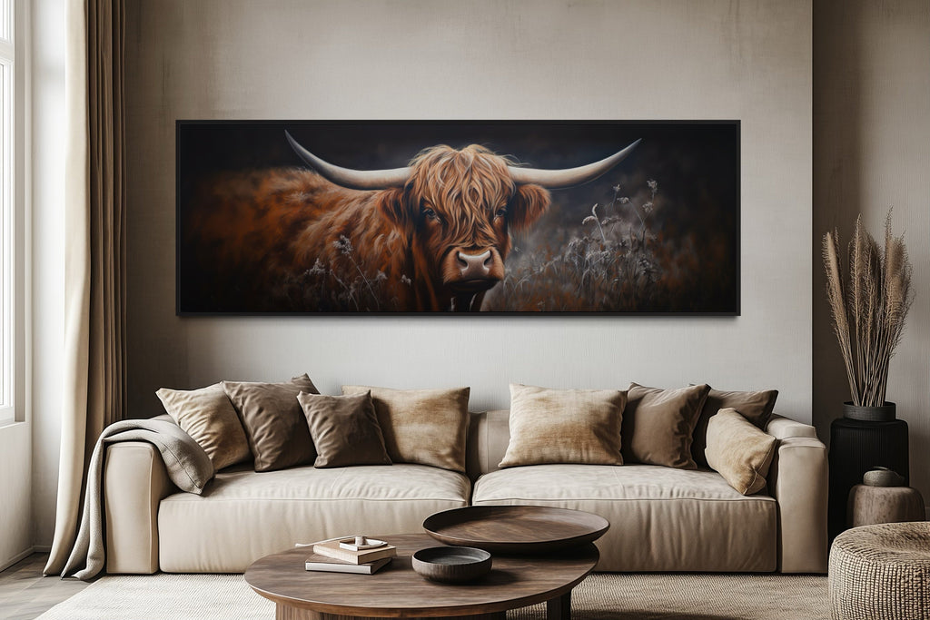 Dark Highland Cow In Grass Long Horizontal Canvas Wall Art