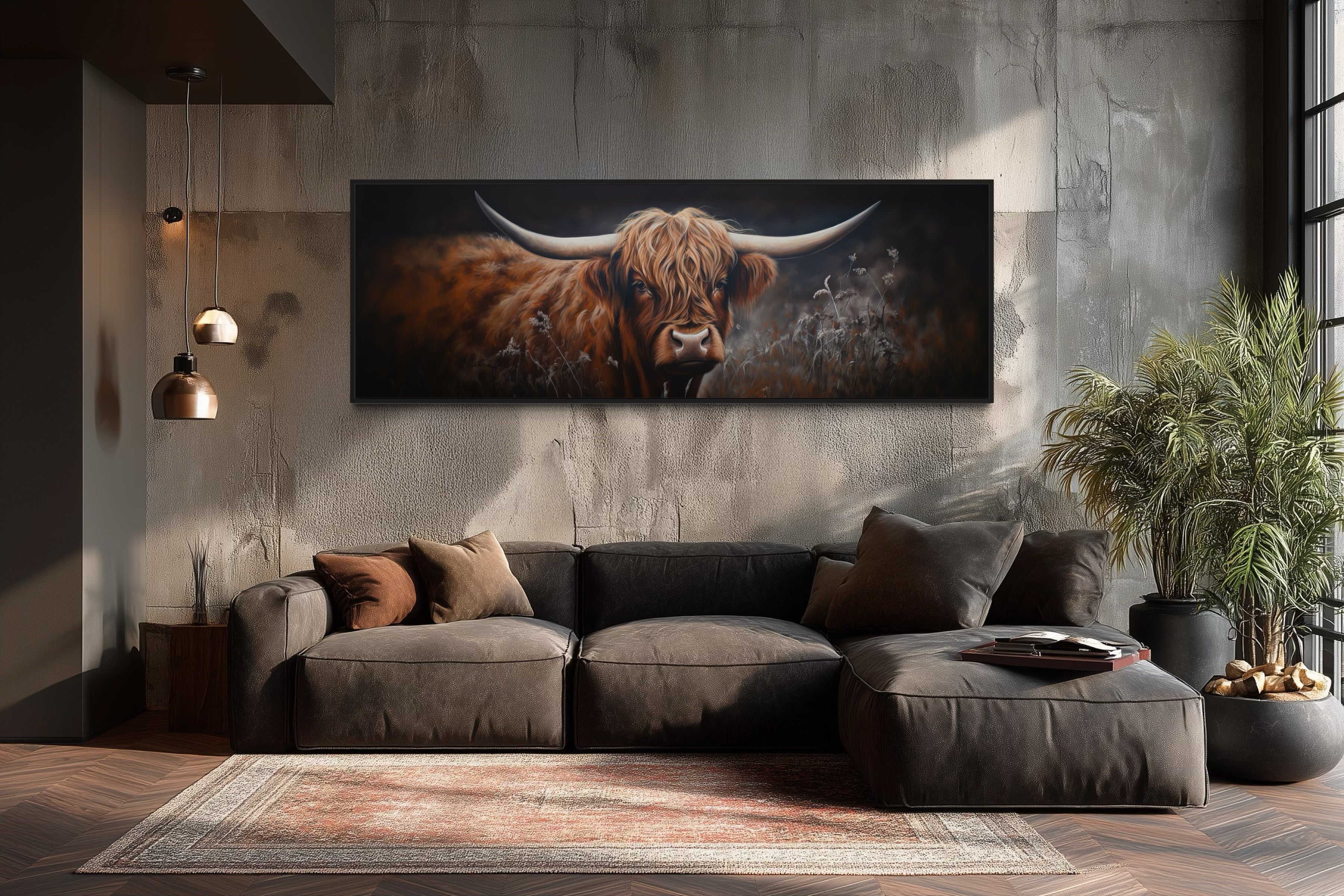Dark Highland Cow In Grass Long Horizontal Canvas Wall Art