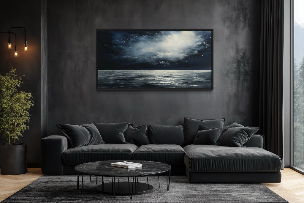 Dark Horizontal Starry Night Ocean Seascape Framed Canvas Wall Art