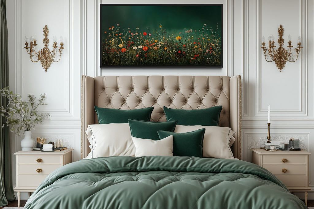 Dark Moody Green Wildflowers Field At Night Framed Canvas Wall Art