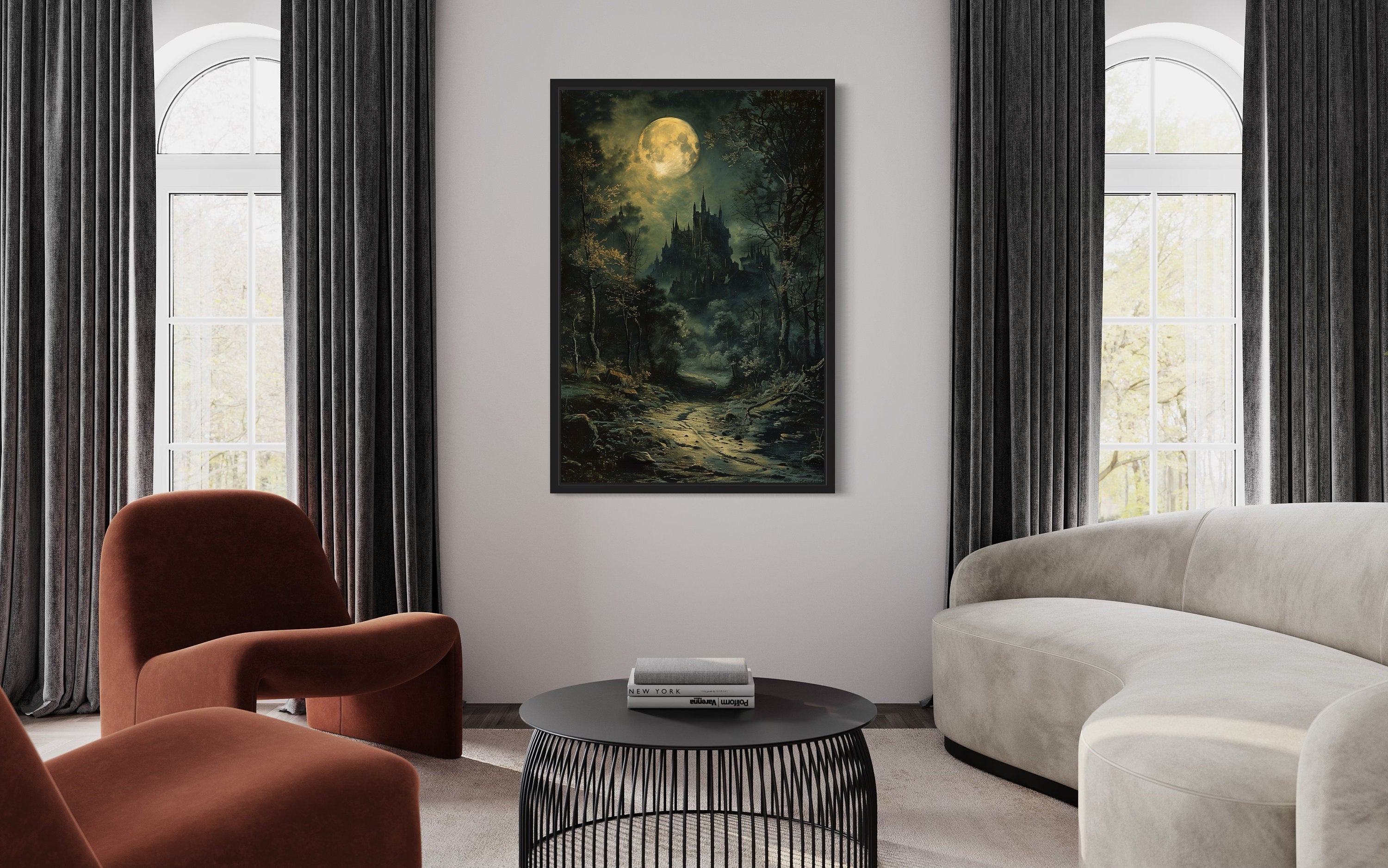 Dark Moonlit Gothic Vampire Castle Framed Canvas Wall Art