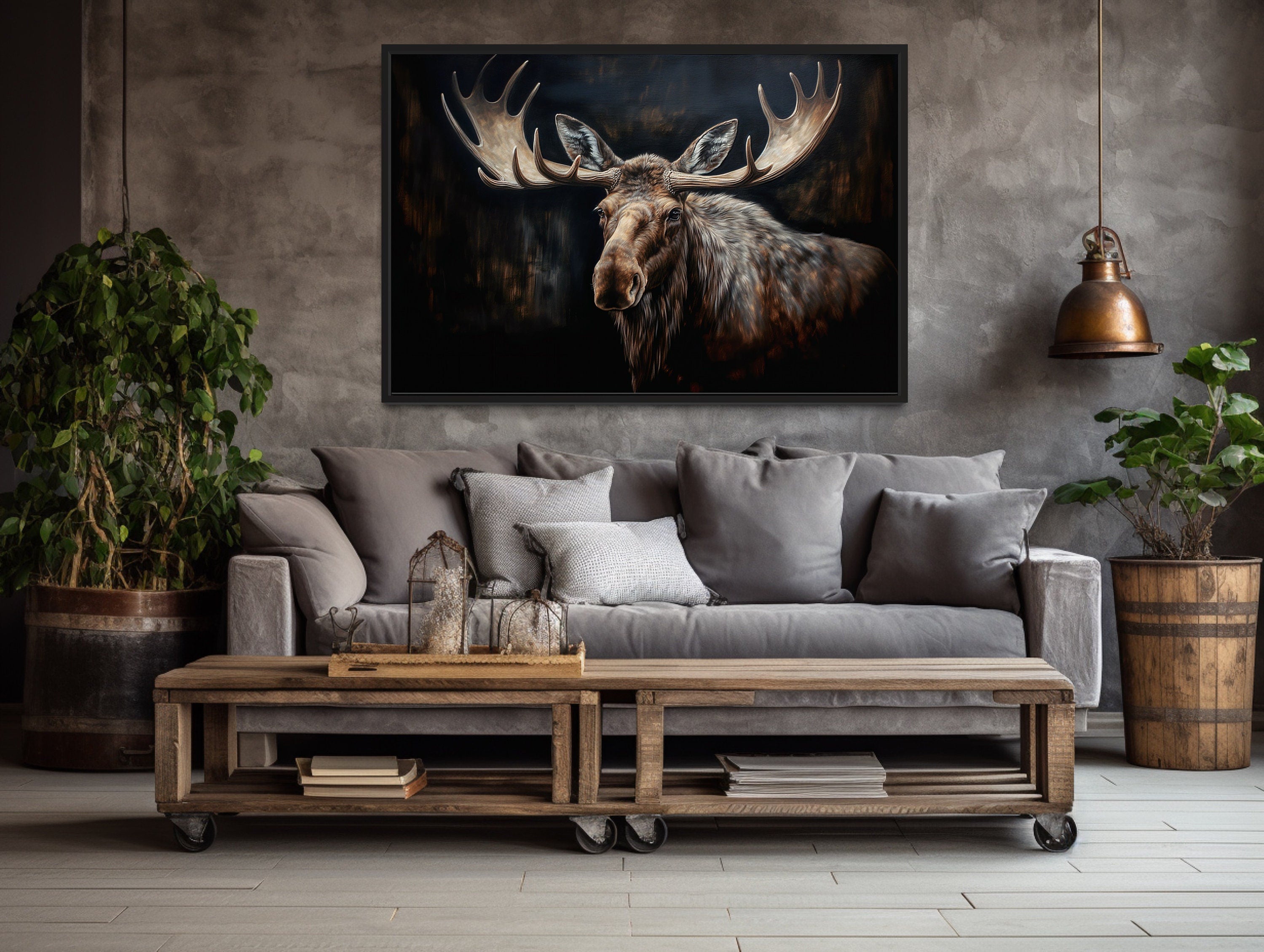 Dark Moose Painting Cabin Decor Framed Canvas Wall Art