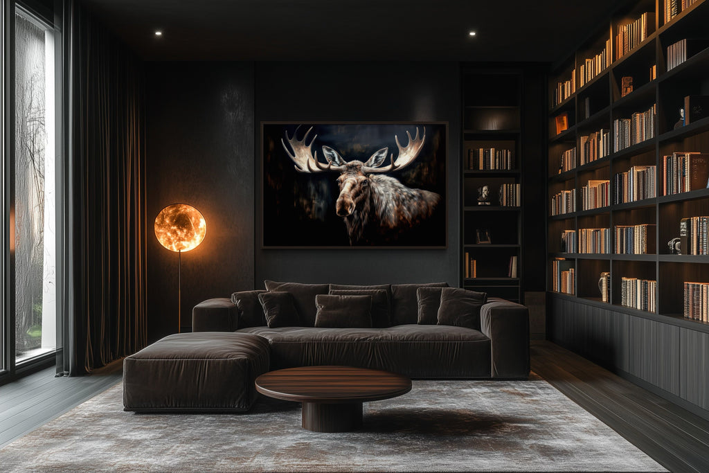 Dark Moose Painting Cabin Decor Framed Canvas Wall Art
