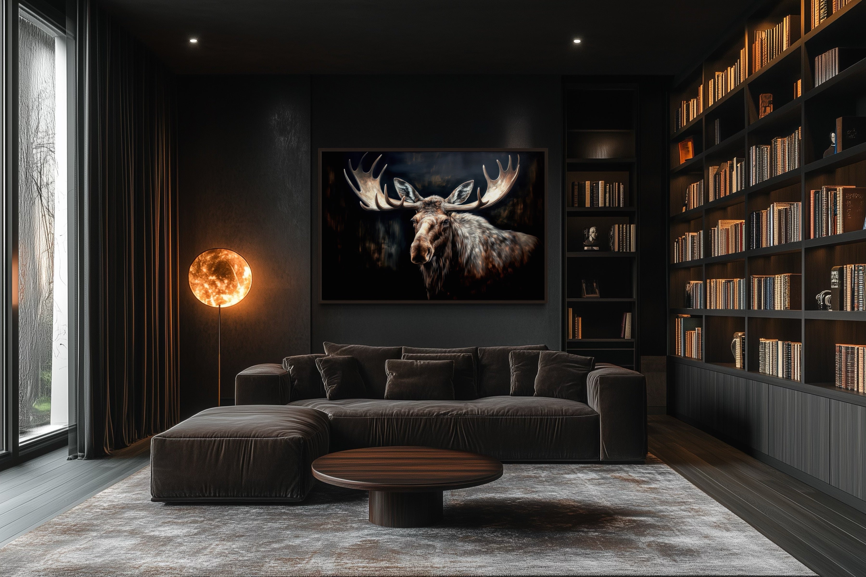Dark Moose Painting Cabin Decor Framed Canvas Wall Art