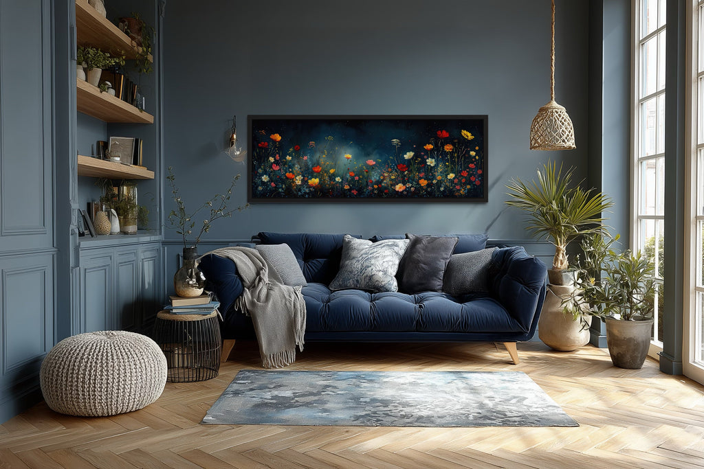 Dark Wildflowers Field Long Horizontal Over Bed Wall Art