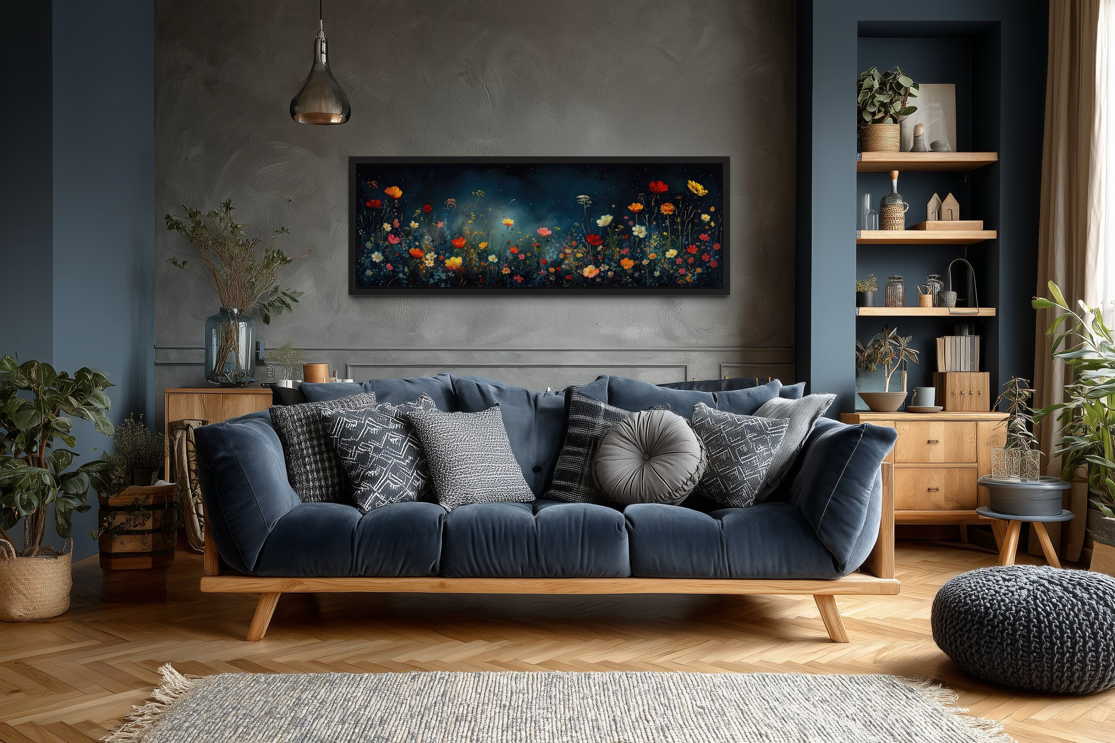 Dark Wildflowers Field Long Horizontal Over Bed Wall Art