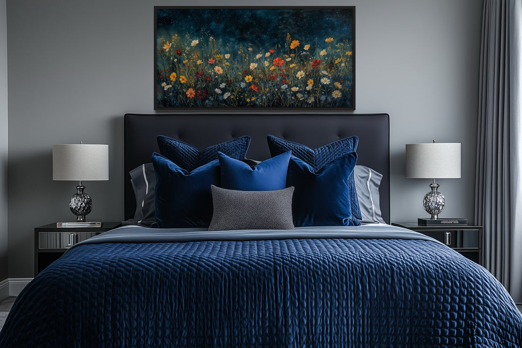Dark Wildflowers Field Night Sky Painting Framed Canvas Wall Art
