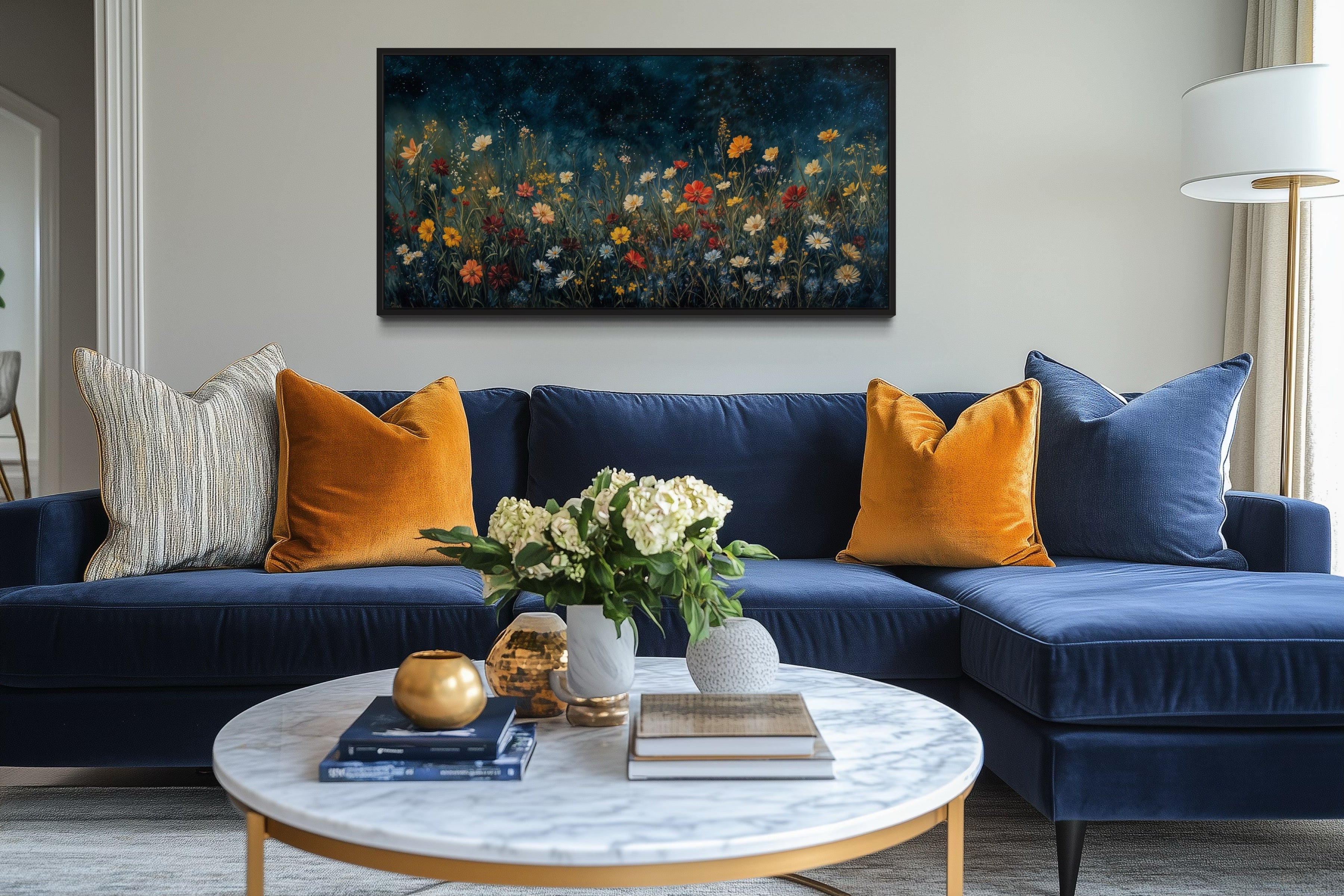 Dark Wildflowers Field Night Sky Painting Framed Canvas Wall Art