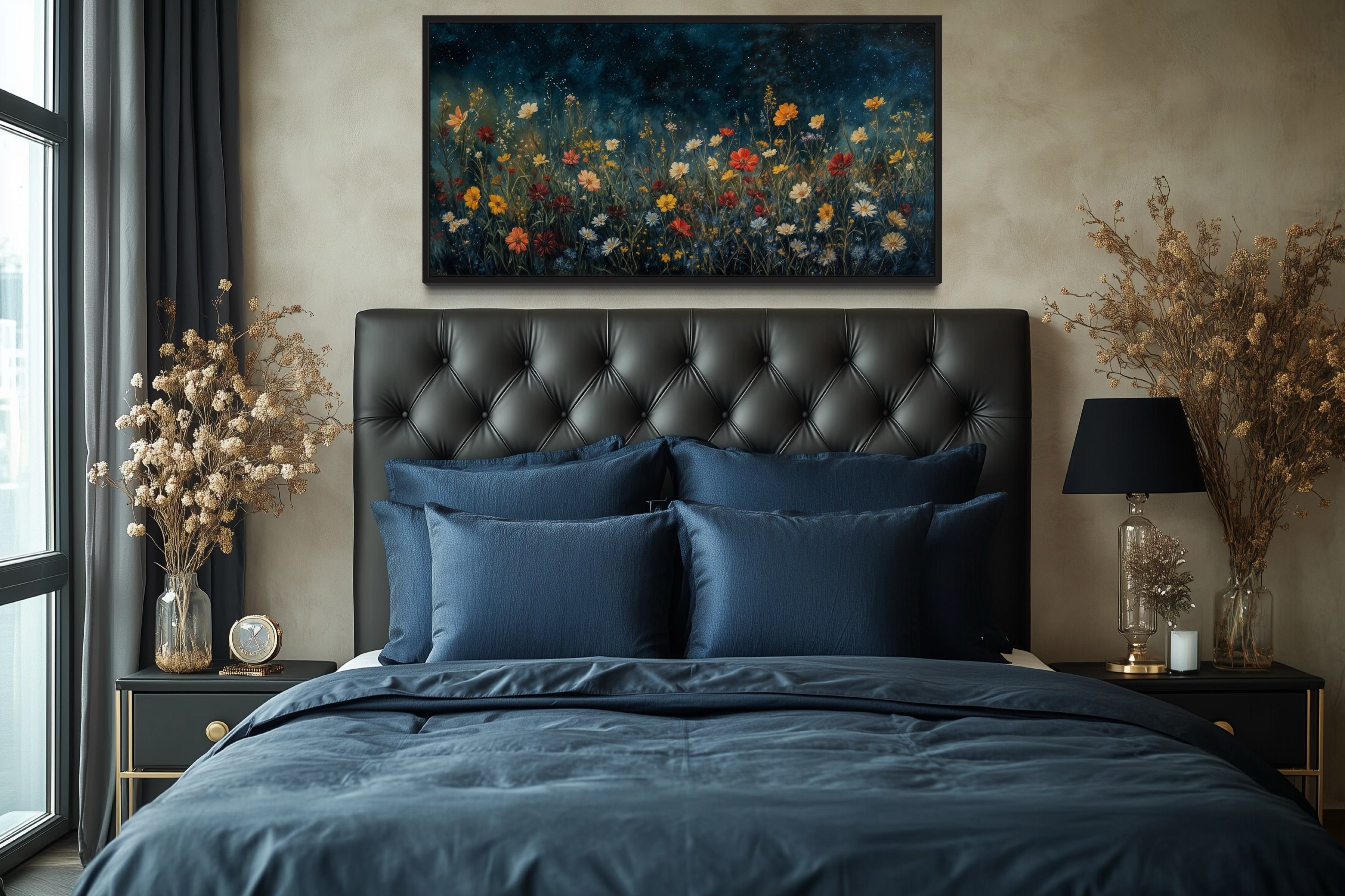 Dark Wildflowers Field Night Sky Painting Framed Canvas Wall Art