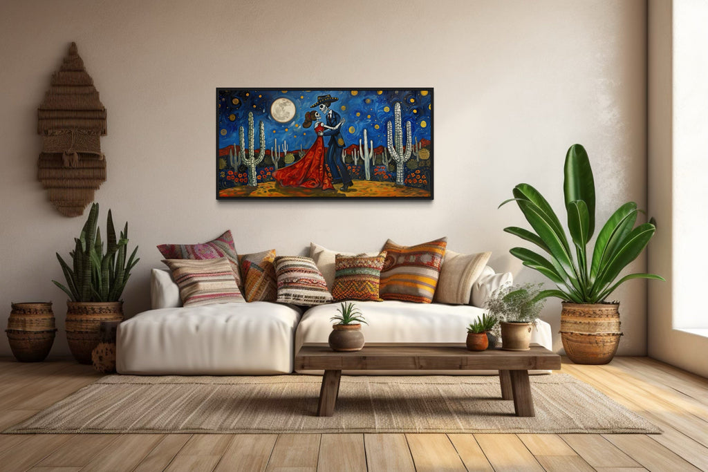 Day of the Dead Wall Art – Mexican Skeleton Couple Dancing Desert Night Painting
