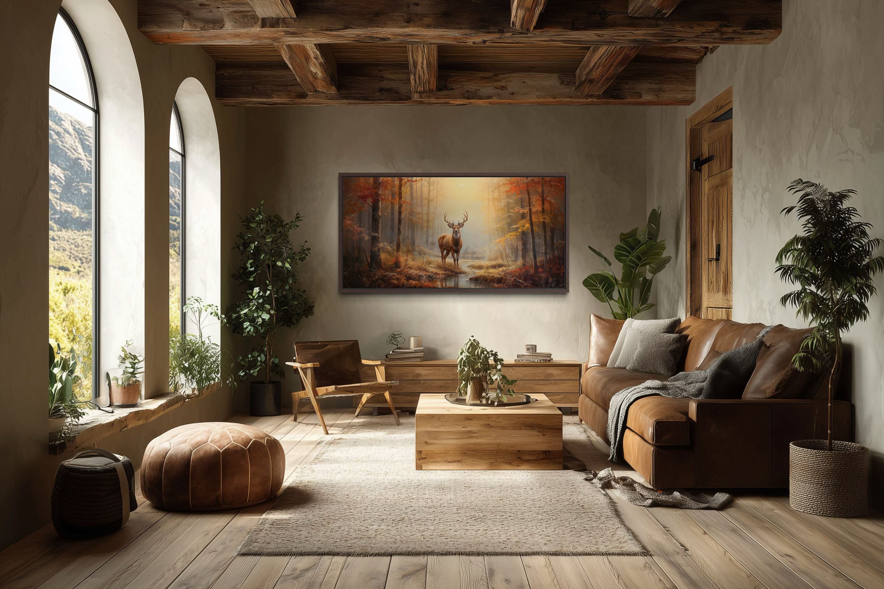 Deer Autumn Wall Art – Large Framed Canvas Print | Rustic Cabin Decor