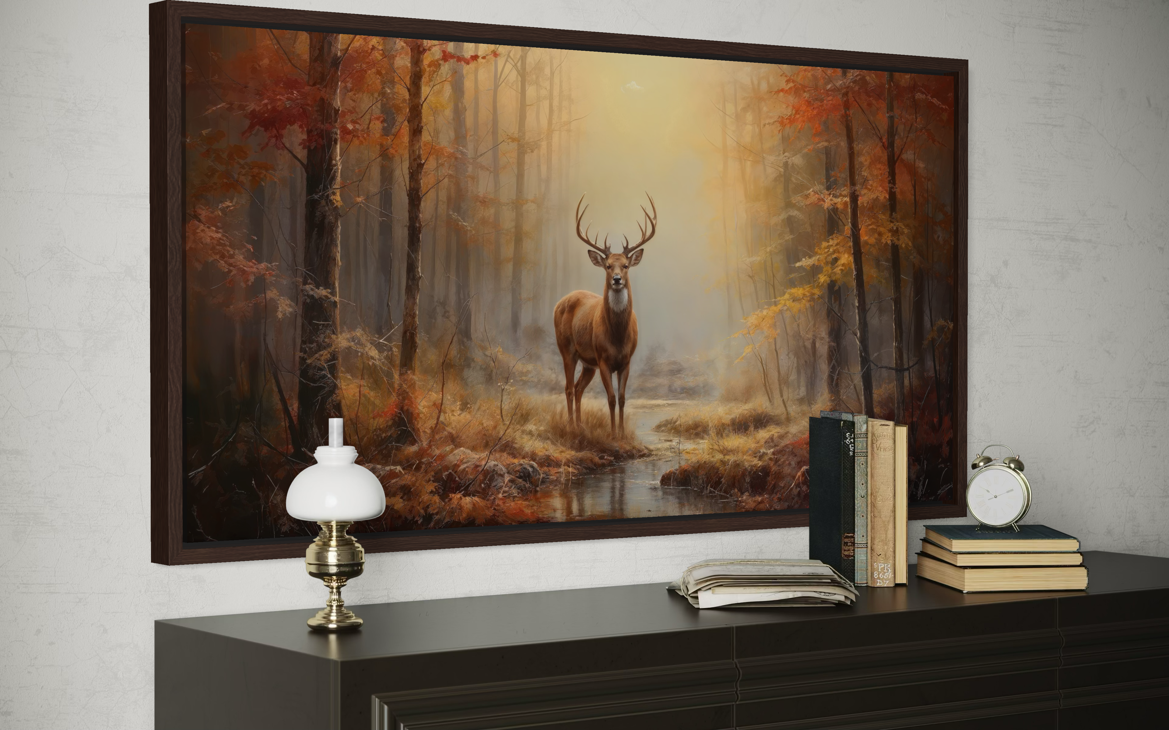 Deer Autumn Wall Art – Large Framed Canvas Print | Rustic Cabin Decor