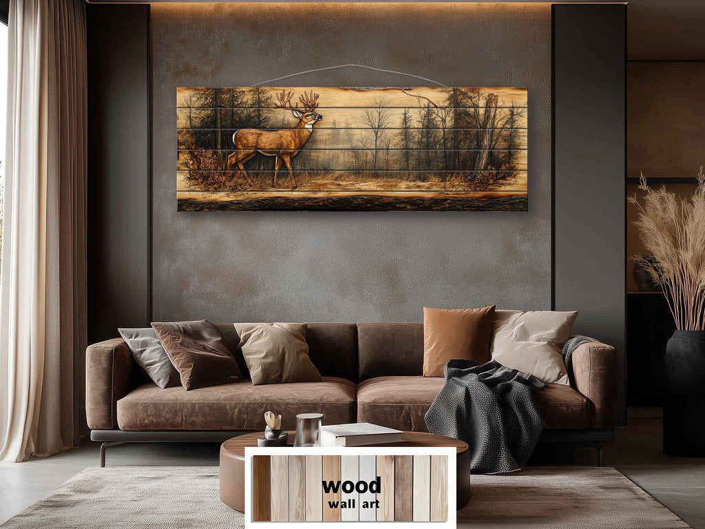 Deer In Forest Long Horizontal Distressed Wood Wall Art