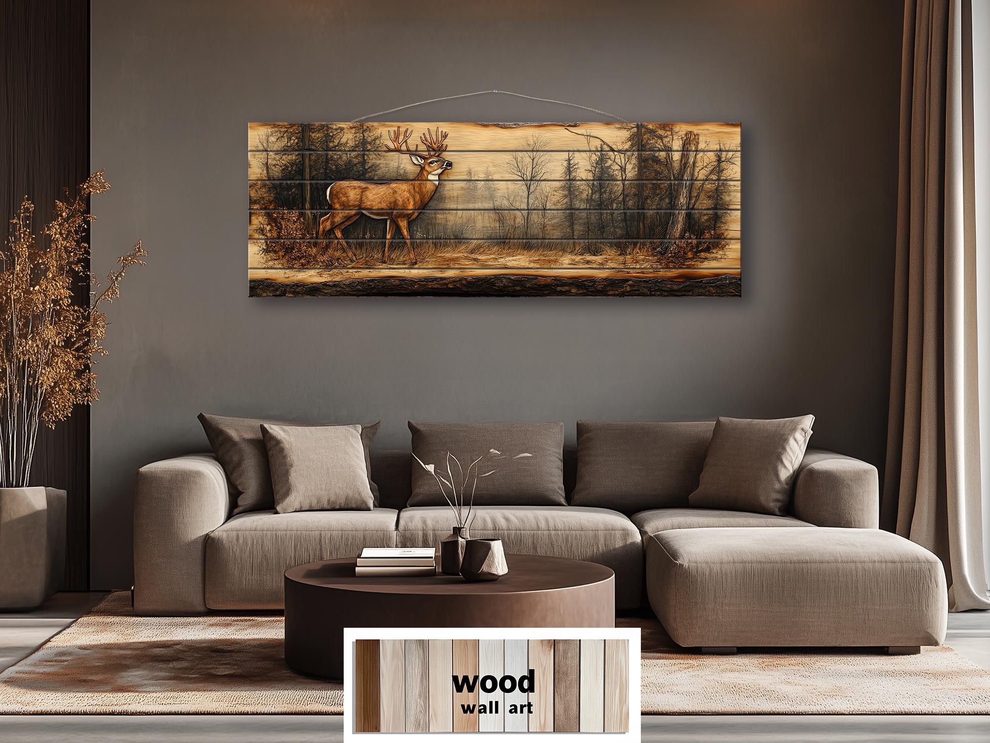 Deer In Forest Long Horizontal Distressed Wood Wall Art